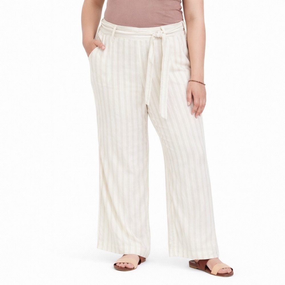 TORRID 20 Ivory Stripe Linen Wide Leg 0763 Pant belt beige wide leg